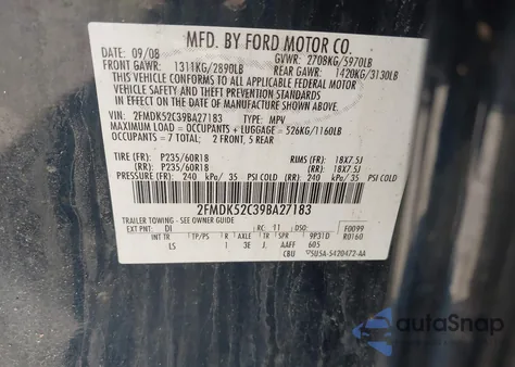 2009 Ford Flex Sel z USA, uszkodzony, nr VIN 2FMDK52C39BA27183